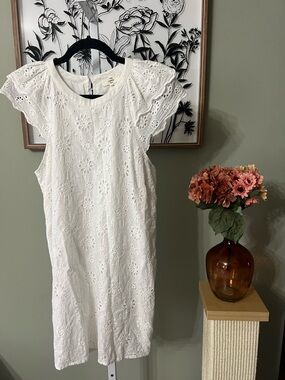 Entro White Eyelet Lace Double Ruffle Sleeve Shift Lined Dress Size Medium